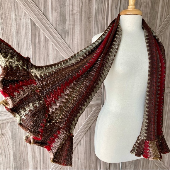 Ruffle Scarf Striped Shawl in Brown, Red, and Ivory - Picture 6 of 8